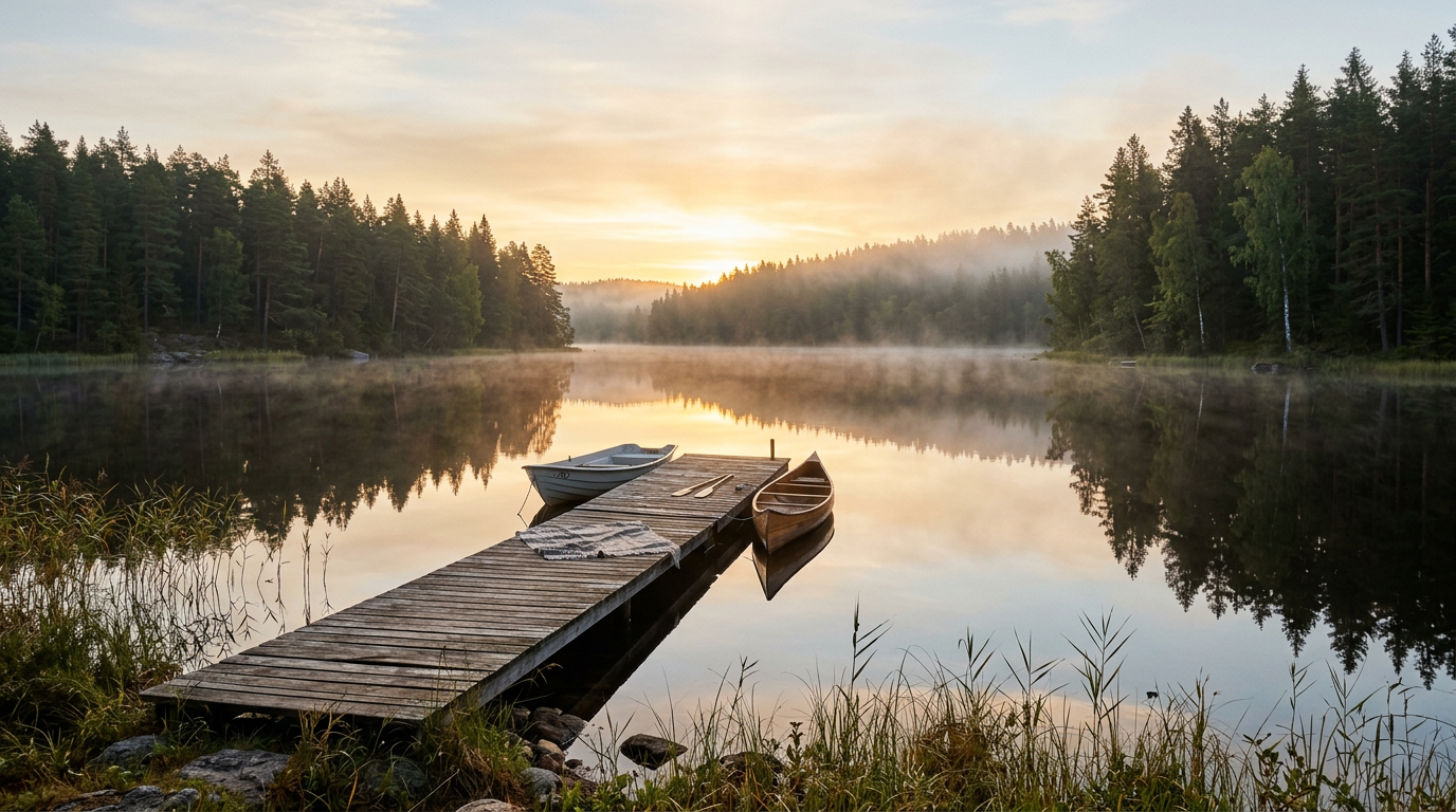 Brygga vid en stilla sjö i soluppgången Brygga vid en stilla sjö i soluppgången