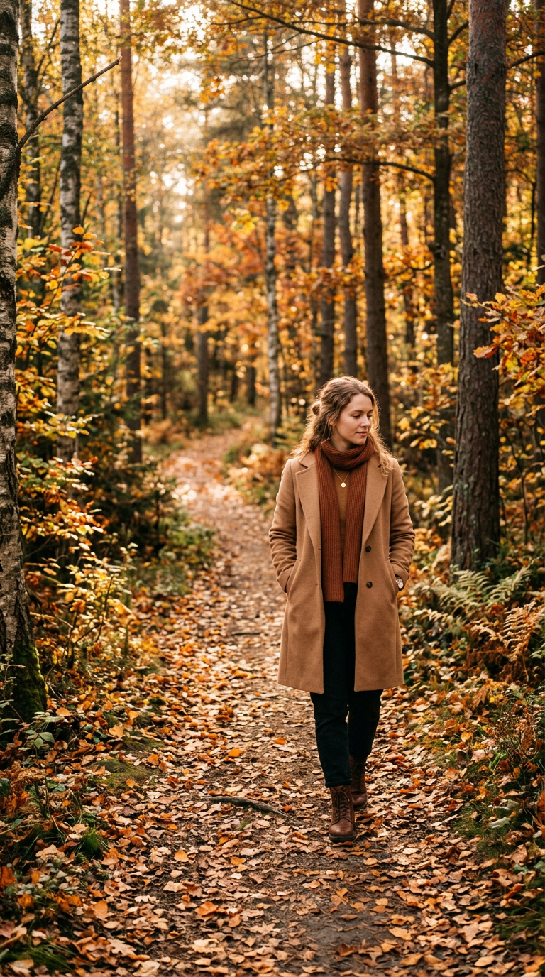 Astrid på en skogspromenad i höstlöv Astrid på en skogspromenad i höstlöv