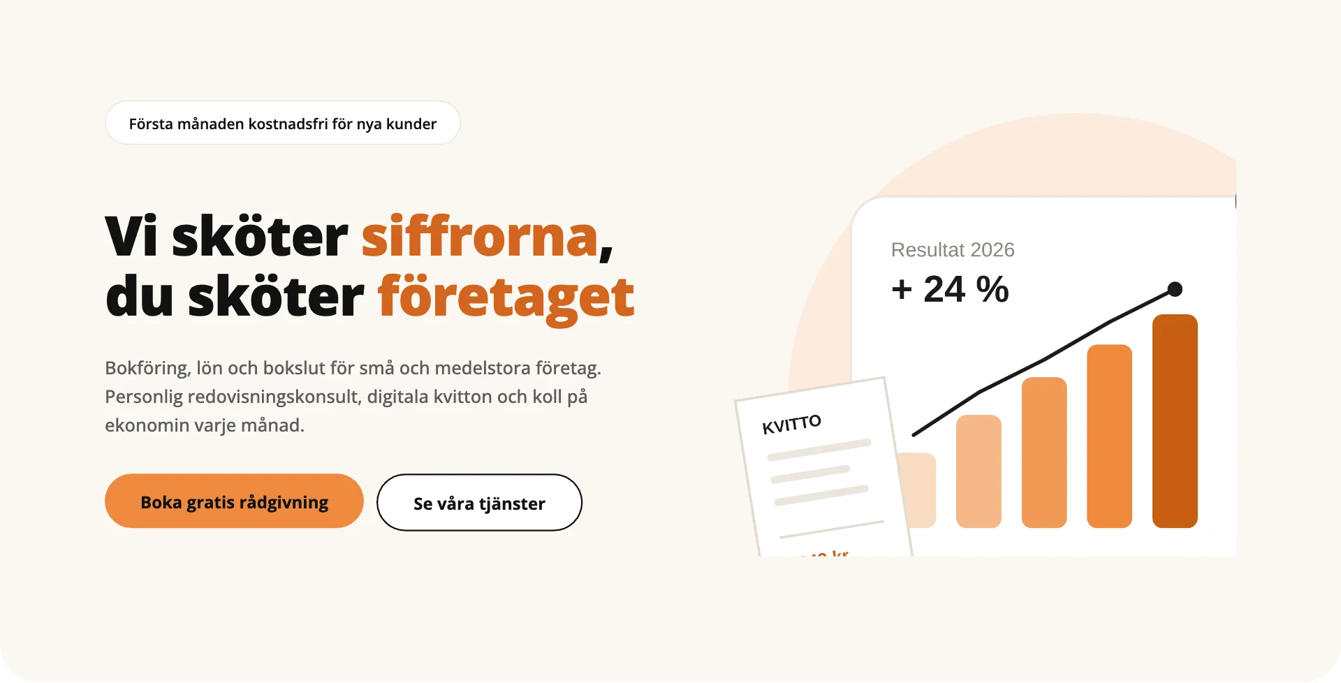 Hero-sektionen på Siffra med rubrik, knappar och illustration