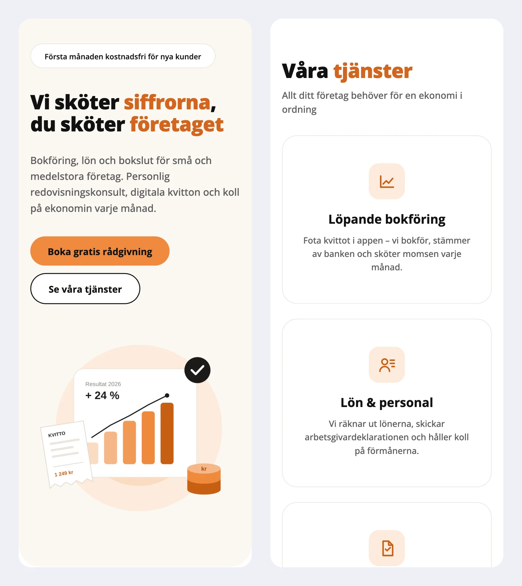 Siffra i mobilen: hela hero-sektionen med illustrationen och tjänstekorten under varandra